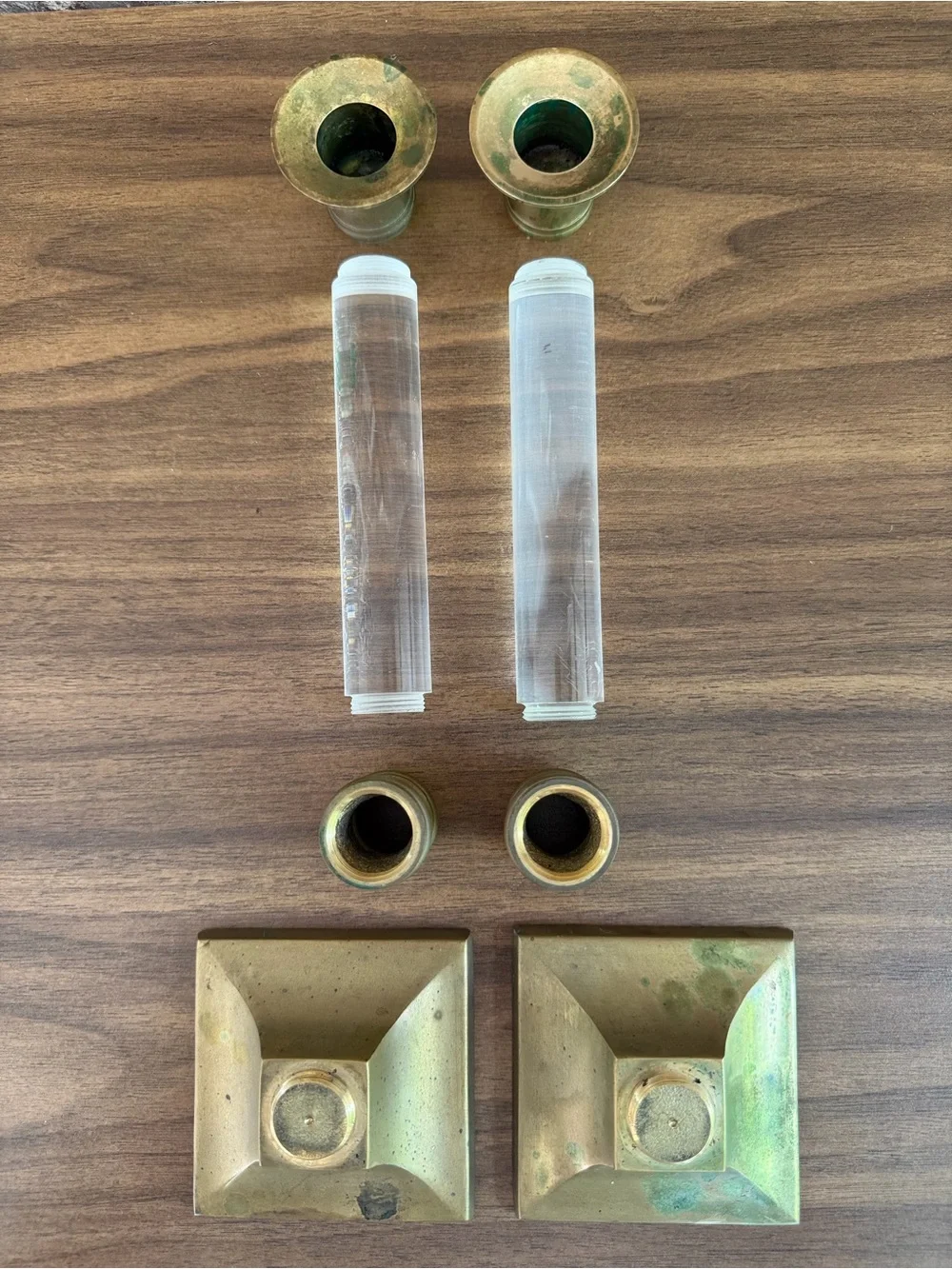 Vintage Brass Lucite Candlesticks Pair MCM Made in Hong Kong 9”